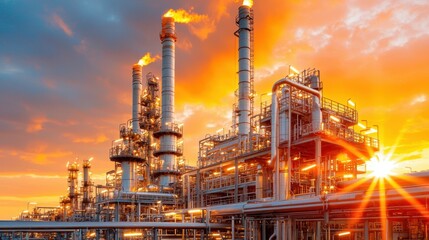 The oil refinery stood tall against the backdrop of the setting sun, its towering pipes and structures casting long shadows across the landscape