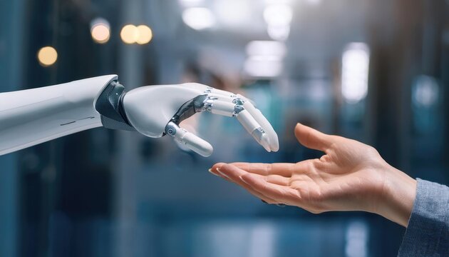 concept of artificial intelligence ai assistance and robotization of production. human hand accepts robot hand