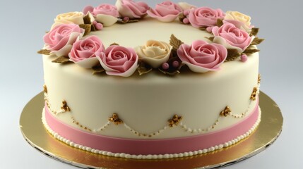 Elegant White Cake Decorated With Pink Roses