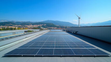 solar panel on factory roof with wind turbine and blue sky background