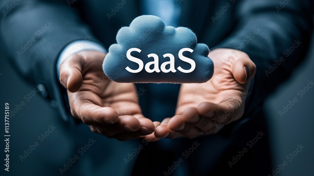 Poster hands holding a cloud labeled 'saas', symbolizing saas integration and cloud solutions.