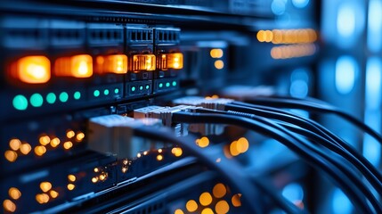 Naklejka premium Network cables and server lights symbolize digital connectivity and data flow.
