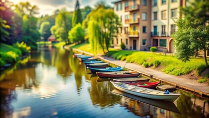 Obraz premium Tilt-Shift Riverside Apartments Canoes: Miniature River Life Photography
