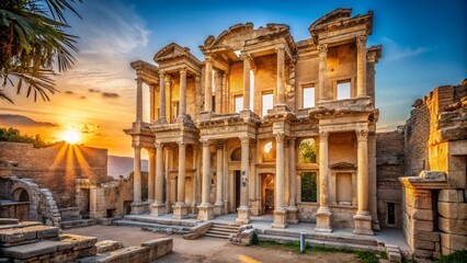 Obraz premium Minimalist Library of Celsus Ephesus Turkey Photography: Ancient Ruins, Architectural Detail, Stone Facade, Historical Landmark