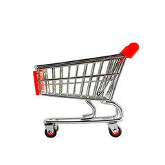 Empty shopping cart with red handle on a white or transparent background

