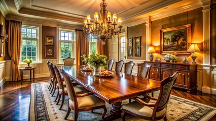 Timeless Elegance: Long Exposure Photography of a Traditional Dining Room with Wooden Table and Chandelier