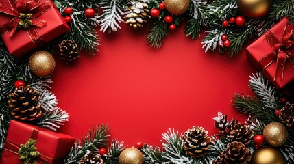 Festive Christmas Border with Red Gifts, Pine Branches, and Gold Ornaments on Red Background