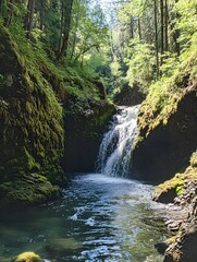 A photo of a small waterfall cascading over mossy rocks into a crystal-clear pool in a dense forest.