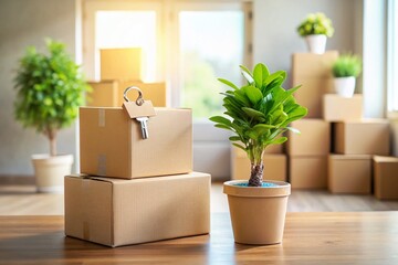 Minimalist New Home Moving Day: Simple Boxes, Keys, and Houseplant