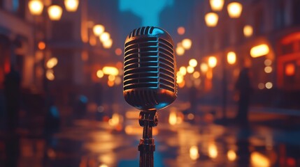 Vintage Microphone on Street Stage with Warm Light Atmosphere at Night