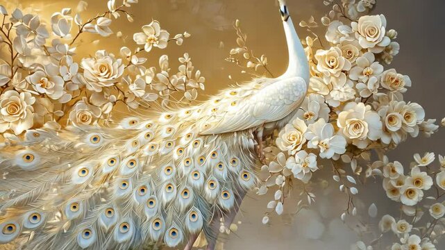 A graceful white peacock surrounded by rare orchids and picture