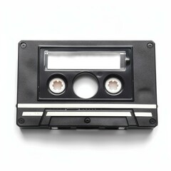 Obraz premium Classic black audio cassette tape lying on a white background, representing vintage music technology