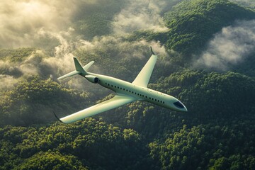 Obraz premium Private jet flying over a misty green forest.