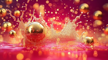 Golden spheres and vibrant water splash with glowing bokeh lights on a red background. Concept of luxury, energy, and festive celebration.
