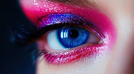 Vivid Pink Glitter Eye Makeup With Blue Eye