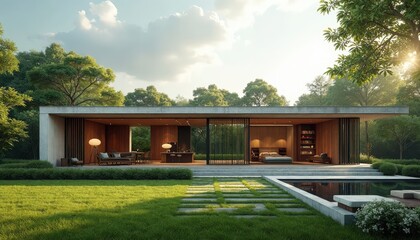 Modern house with open design and large windows, surrounded by greenery, serene atmosphere, contemporary architecture