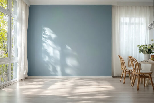Modern interior design of apartment, empty living room with blank blue wall