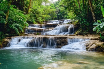 Obraz premium Lush Rainforest Waterfall Cascading Over Rocks