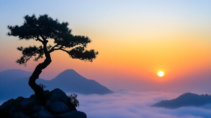 A photo of a serene hilltop with a lone tree silhouetted against a golden sunrise, and rolling fog in the valley below.