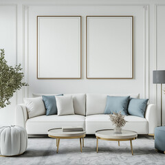 Mockup poster frame on the wall of living room. Luxurious apartment background with contemporary design. Modern interior design. 3D render, 3D illustration