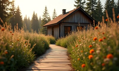 Garden design embraces tranquility, featuring a wooden house framed by vibrant flowers and swaying grasses, inviting peaceful moments amidst nature.