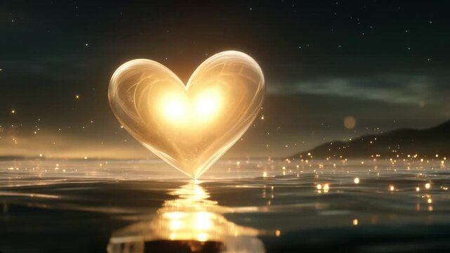 Glowing heart floating on gentle waves at night