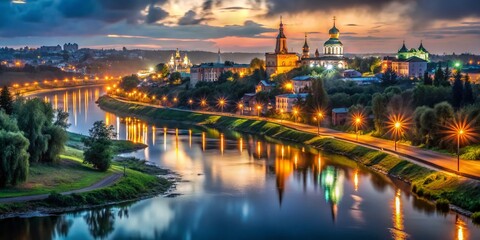 Obraz premium Troitsk Cityscape Summer Night: Low Light Photography, New Moscow Green Region, Urban Nightscape, City Lights