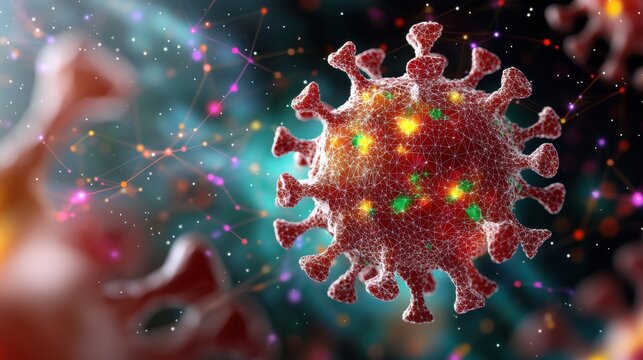 A high resolution image showcasing a detailed depiction of the lambda coronavirus strain icon overlaid onto a constellation net mesh model