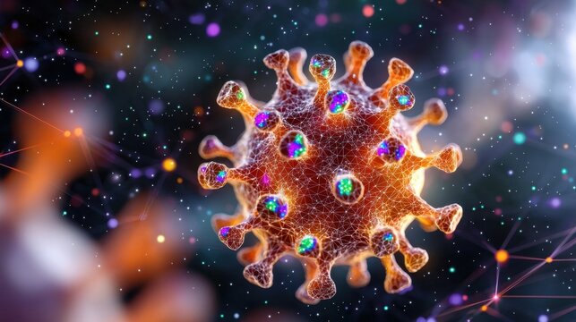 A high resolution image showcasing a detailed depiction of the lambda coronavirus strain icon overlaid onto a constellation net mesh model