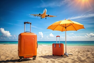 Minimalist Scene of a Cheerful Orange Suitcase at the Beach Surrounded by Colorful Umbrellas and an Airplane in the Sky for a Vibrant Summer Vibe