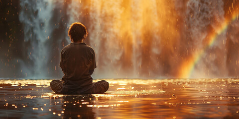 Obraz premium A woman practices yoga in lotus position near a waterfall, emphasizing relaxation and mindfulness in nature. The scene captures a peaceful and balanced lifestyle.