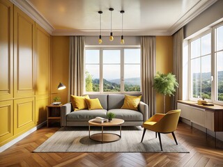 Fototapeta premium Minimalist Studio, Yellow Wainscoting, Landscape Photography, AI Generated Image, Modern Interior Design