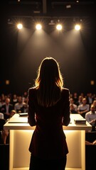 Women in leadership: a female boss delivers a keynote speech