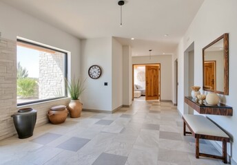 Coastal interior design of modern entrance hall with stone tiles wall and wooden rustic elements
