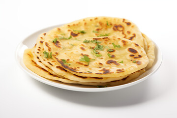 Traditional Asian-style Indian and Pakistani paratha and roti, freshly cooked and fried to perfection, displayed on a white background, showcasing its golden texture and rich cultural culinary appeal