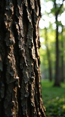 Close-up of rugged tree bark in a serene forest