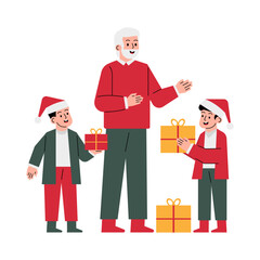 Vector Illustration of Hand Drawn Giving Christmas Gifts to Kids