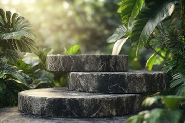 A natural stone podium with earthy textures and tropical greenery, softly illuminated by filtered sunlight for a serene, vibrant scene.