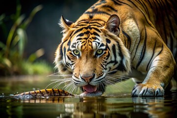 Fototapeta premium Minimalist Tiger Eating Crocodile Photo - Wildlife Predation, Nature Photography, Big Cat, Reptile