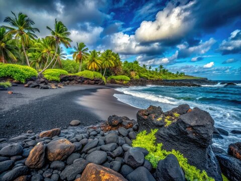 Explore Punalu'u's black volcanic sand beach, a testament to Mauna Loa's fiery past and basalt coastline.