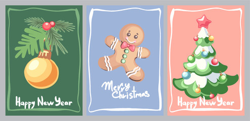 A set of three fully editable posters for the New Year holidays. Digital illustrations in flat cartoon style in pastel colors with a frame on the theme of Gingerbread Christmas