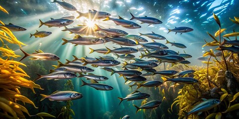 Underwater Sardine School Kelp Forest Bokeh Photography - Stunning Ocean Life Image