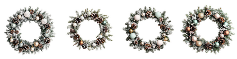 Elegant Christmas wreath made with pine branches pinecones baubles and other festive elements  The wreath has a natural rustic yet refined look perfect for holiday home decor greeting cards