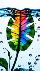 Artistic depiction of a rainbow leaf floating in water