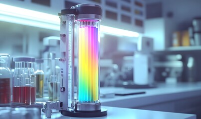 Science experiment setup with rainbow liquid in glass tube.