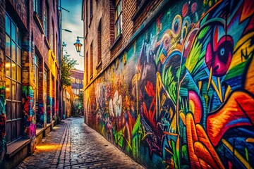 Fototapeta premium Urban Art Graffiti Wall Photography: Candid Street Shots, Vivid Colors, Detailed Textures, Grunge Aesthetic