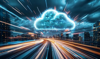 
cloud computing with a speeding train on a city background


