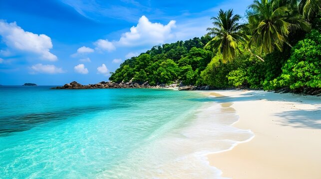 A photo of a remote tropical island with white sandy beaches, lush green palms, and coral reefs visible in the turquoise sea. 