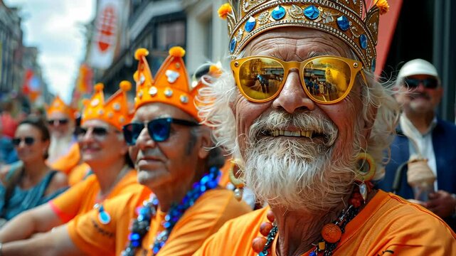 Koningsdag, Dutch Kings Day, Celebration of unity and joy during a vibrant street festival with colorful costumes and lively participants