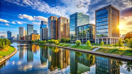 Naklejka premium Modern City Skyline by the River: Architectural Photography of Urban Development with Office Blocks and Apartments in a Sunny Day Setting Isolated on White Background